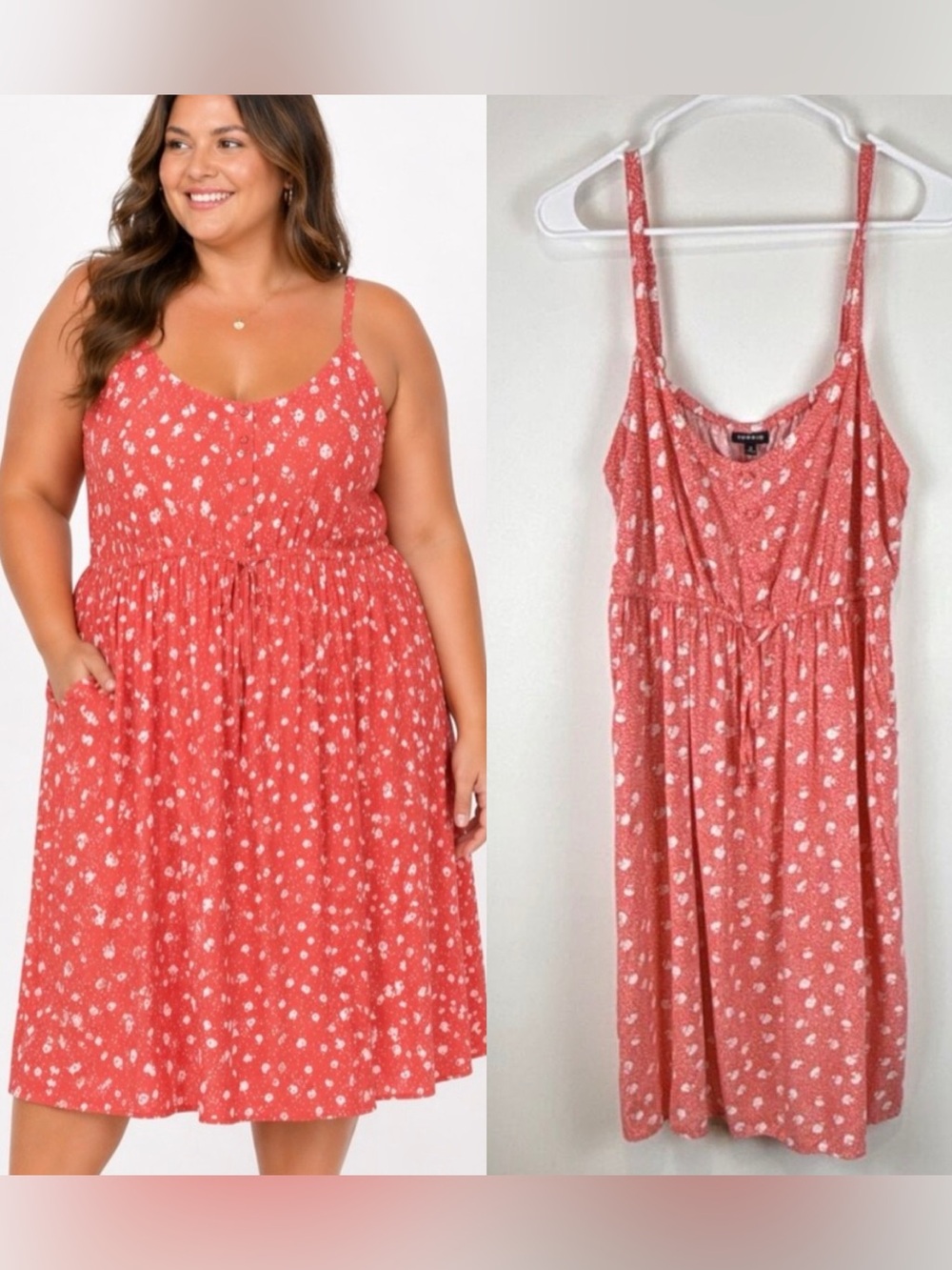 Torrid Coral White Floral Sundress Drawstring Flowy Strappy Sz 2x